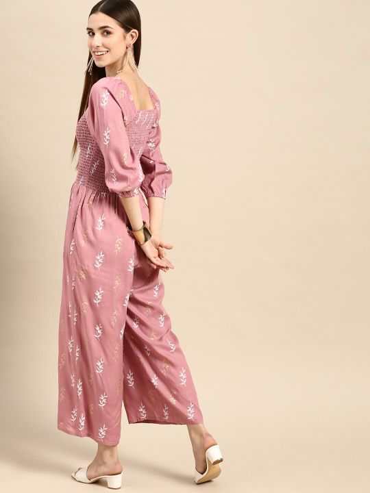 Anouk Women Mauve & White Floral Printed Smocked Basic Jumpsuit