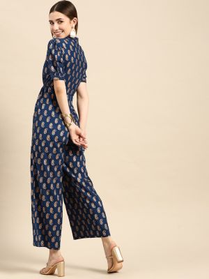 Anouk Women Navy Blue & Golden Ethnic Motifs Printed Basic Jumpsuit