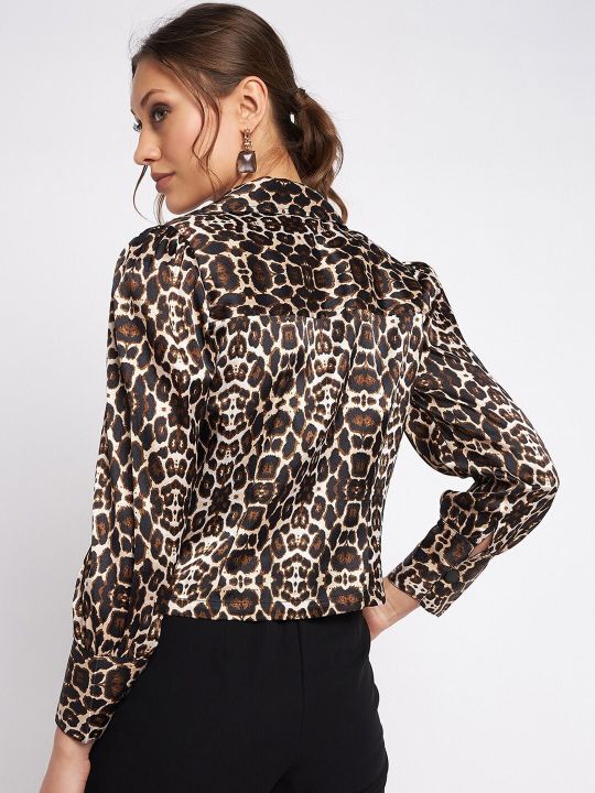 Antheaa Animal-Printed Regular Fit Single Breasted Cropped Blazer