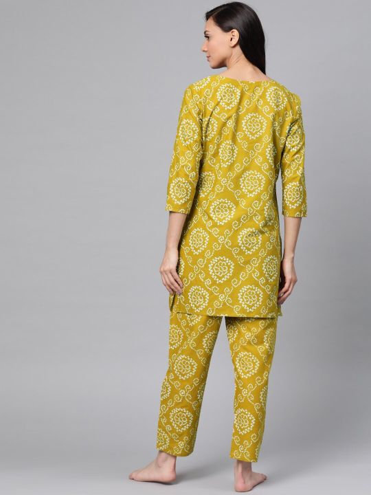 Anubhutee Women Green & White Bandhani Printed Cotton Night suit