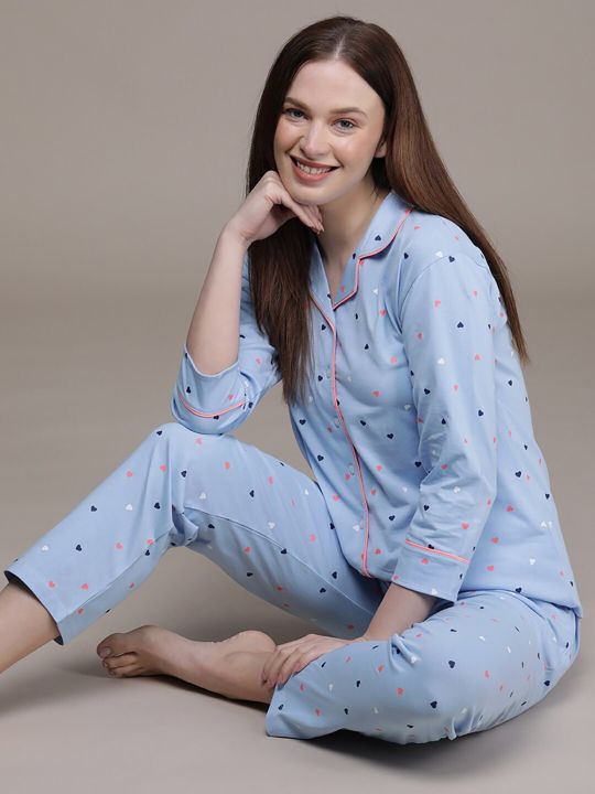 beebelle Women Blue & Orange Pure Cotton Printed Night suit