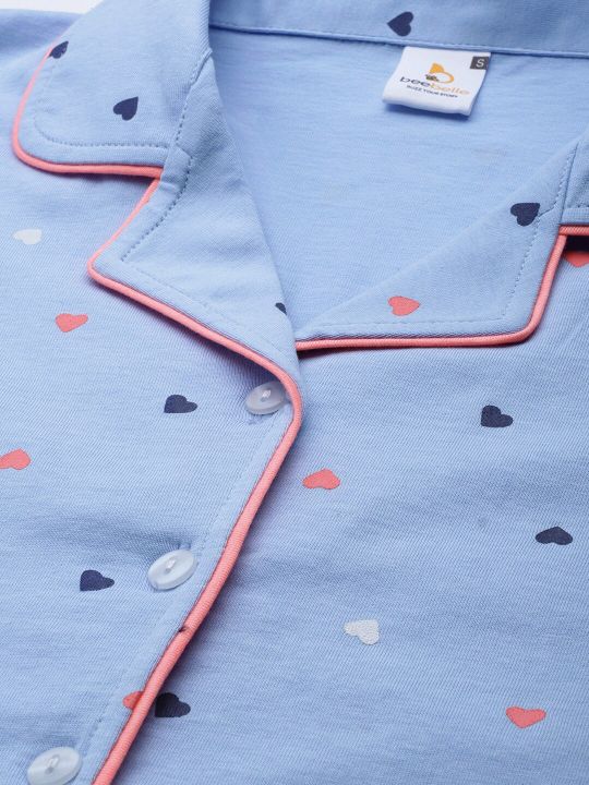 beebelle Women Blue & Orange Pure Cotton Printed Night suit