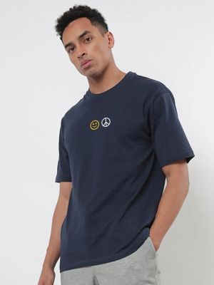 Bewakoof Men Blue Peace Not War Graphic Printed Oversized T-shirt