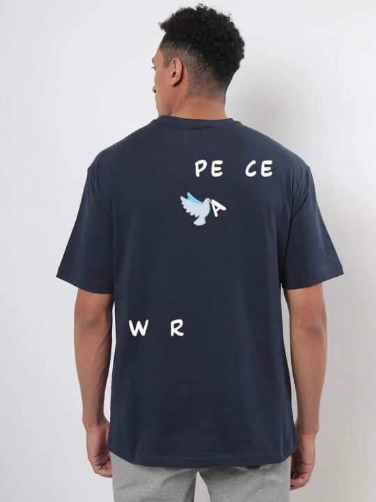 Bewakoof Men Blue Peace Not War Graphic Printed Oversized T-shirt