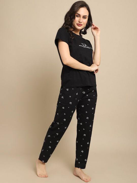 Boston Club Women Black & White Printed Night Suit-BC-88-blak-LT-Black