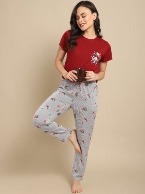 Boston Club Women Maroon & White Printed Night suit