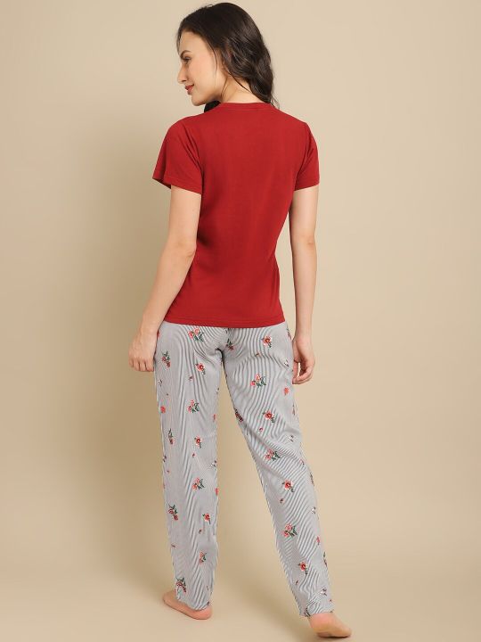 Boston Club Women Maroon & White Printed Night suit