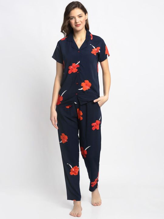 Boston Club Women Navy Blue & Orange Printed Night suit