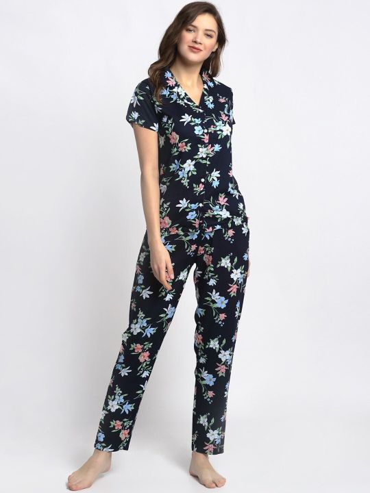 Boston Club Women Navy Blue & Pink Printed Night suit