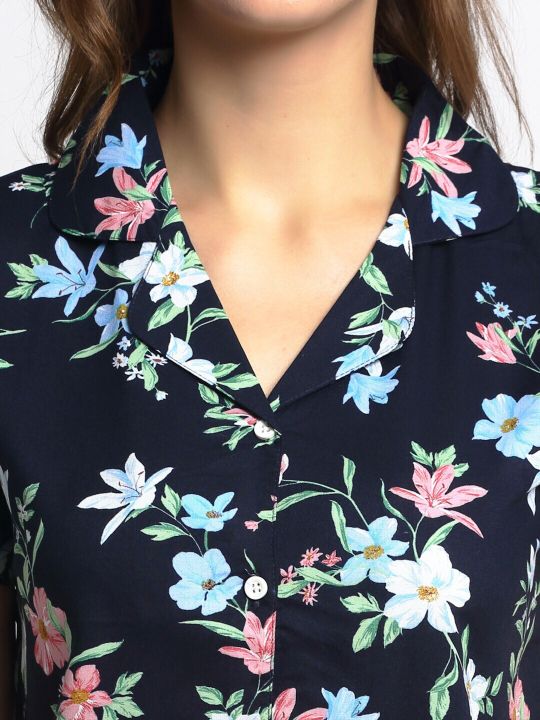 Boston Club Women Navy Blue & Pink Printed Night suit