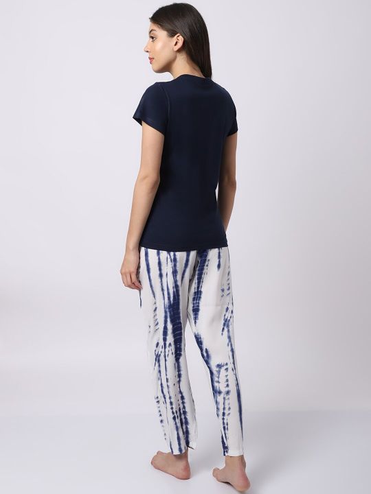 Boston Club Women Navy Blue & White Tie and Dye Cotton Night suit