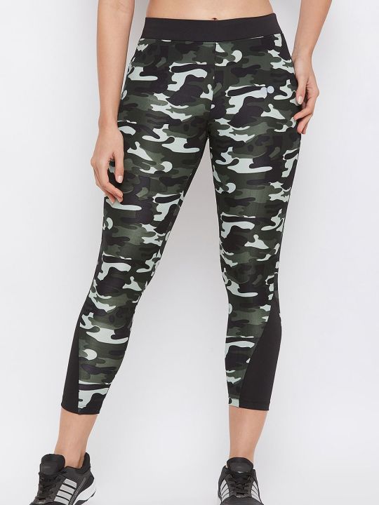 Camouflage Print Activewear Ankle Length Tights in Olive Green