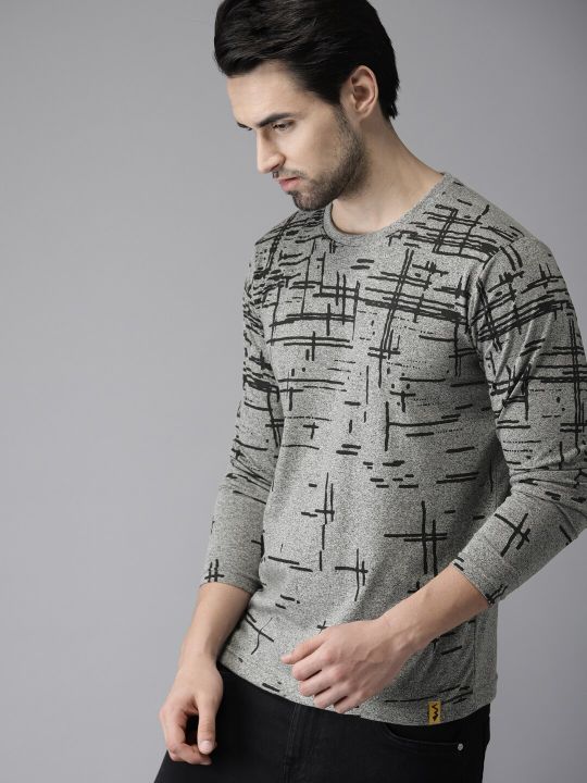 Campus Sutra Men Grey Printed Cotton Pure Cotton T-shirt
