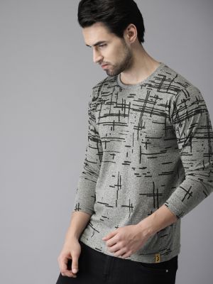 Campus Sutra Men Grey Printed Cotton Pure Cotton T-shirt