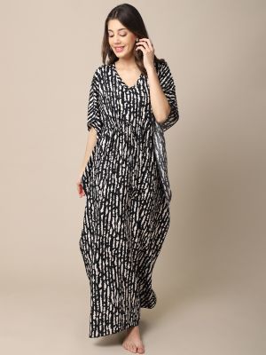 Claura Black Printed Maxi Nightdress