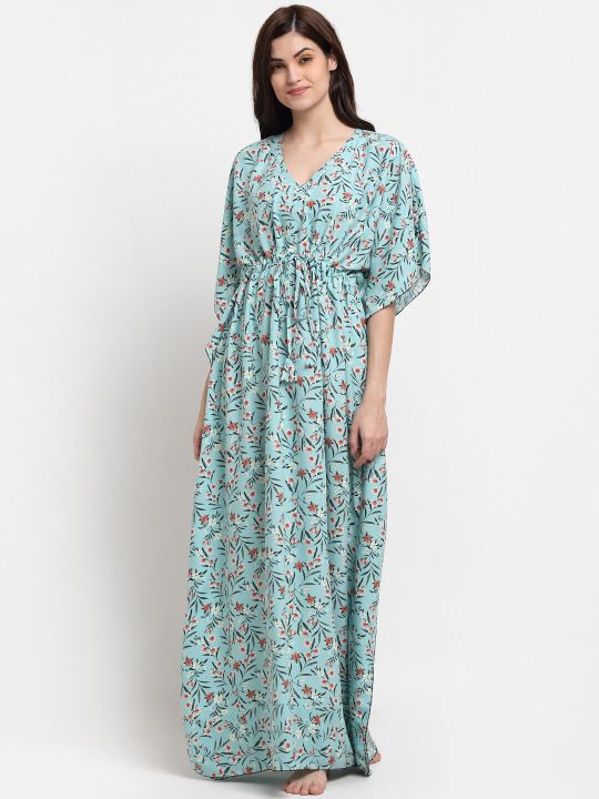 Claura Sea Green Printed Maxi Kaftan Nightdress