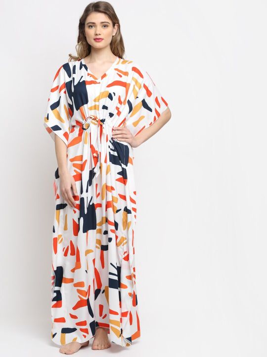 Claura White Printed Kaftan Maxi Nightdress