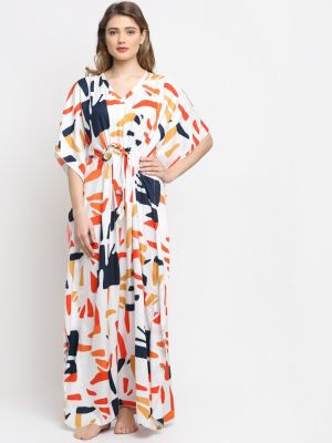Claura White Printed Kaftan Maxi Nightdress