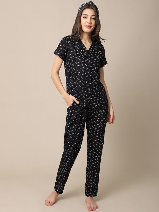 Claura Women Black Printed Night suit