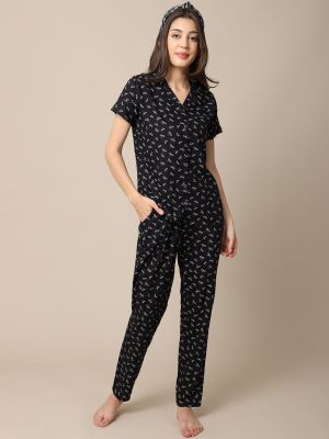 Claura Women Black Printed Night suit
