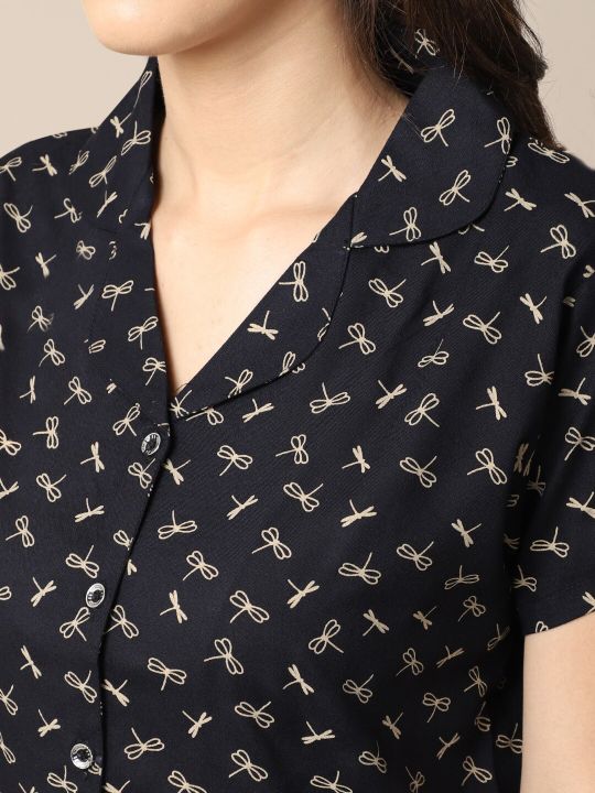 Claura Women Black Printed Night suit