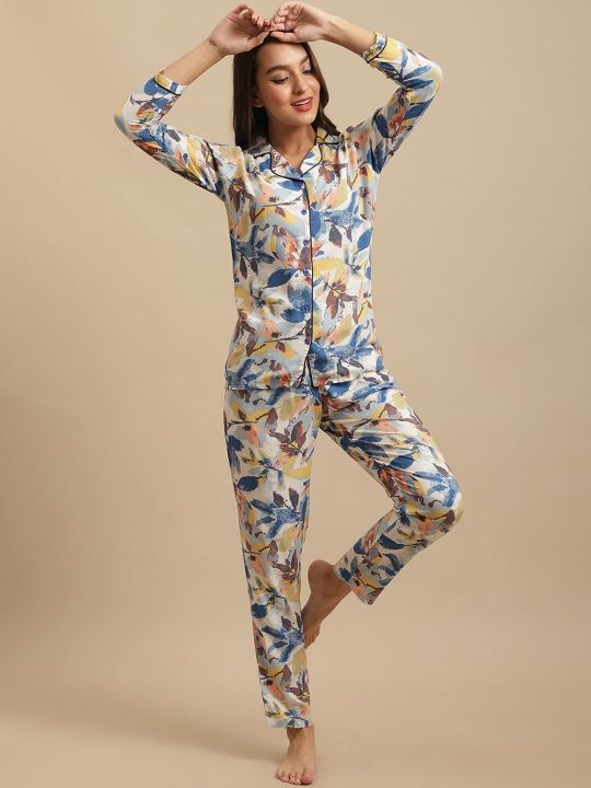 Claura Women Blue & Mustard Printed Nightsuit