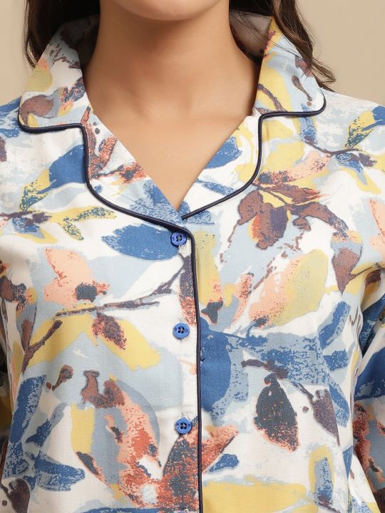 Claura Women Blue & Mustard Printed Nightsuit