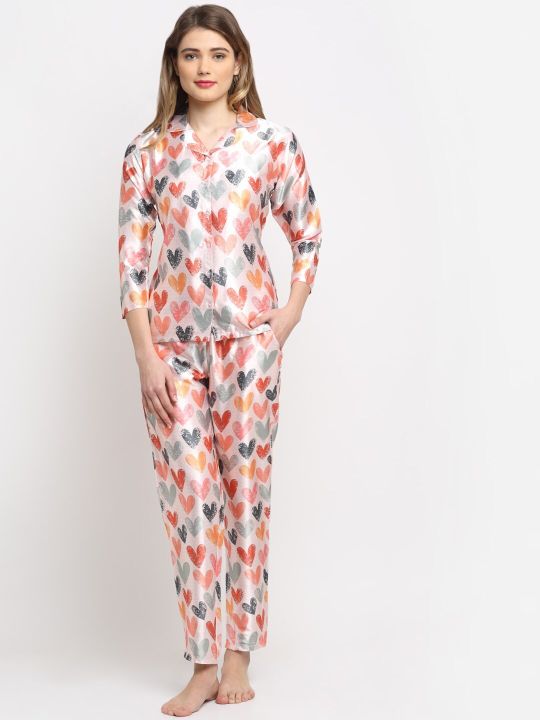 Claura Women Cream & Red Printed Silk Satin Night Suit