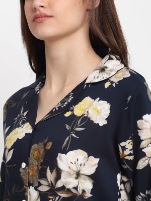 Claura Women Navy Blue & Beige Floral Printed Pure Cotton Night suit