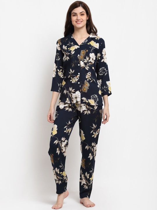 Claura Women Navy Blue & Beige Floral Printed Pure Cotton Night suit