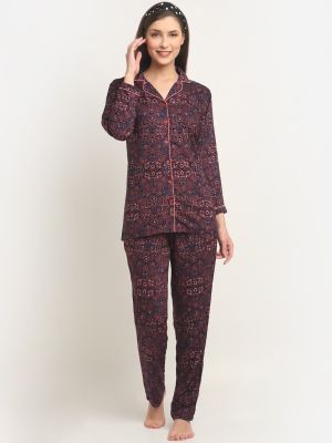 Claura Women Navy Blue & Pink Printed Night suit
