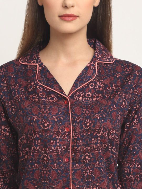 Claura Women Navy Blue & Pink Printed Night suit