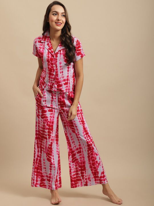 Claura Women Pink & White Printed Nightsuit