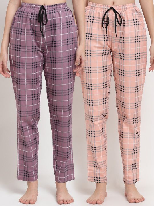 Claura Women Purple & Peach Checked Cotton Lounge Pant