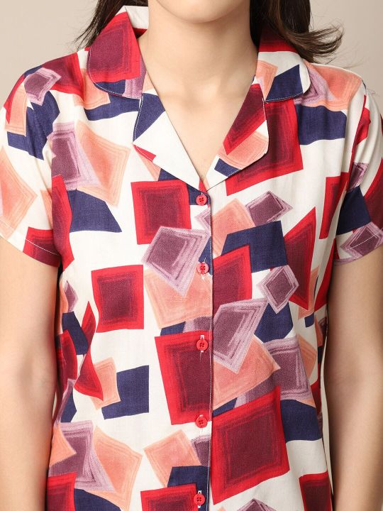 Claura Women Red & Blue Printed Night Suit