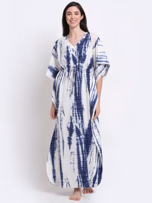 Claura Women White Printed Kaftan Nightdress