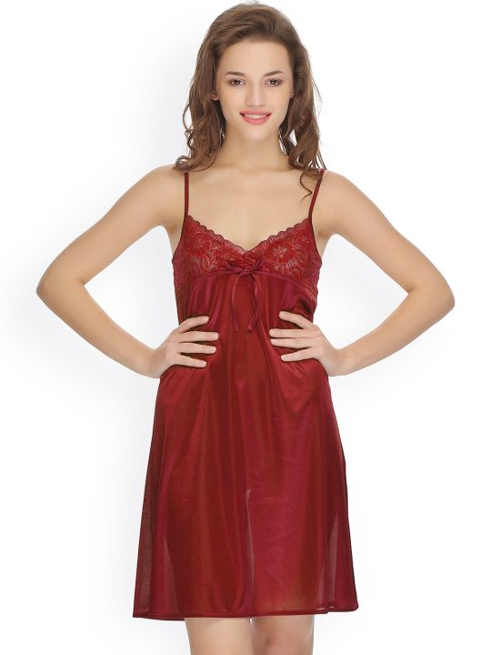 Clovia Maroon Nightdress with Robe