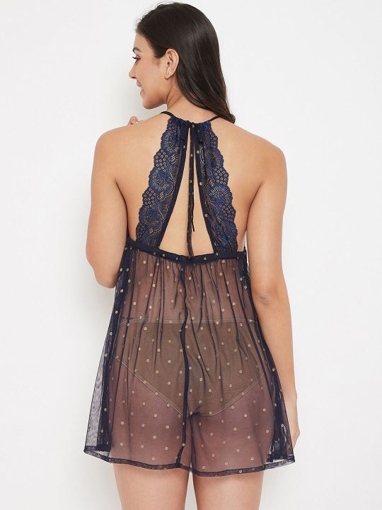 Clovia Navy Blue & Gold-Toned Self Design Baby Doll