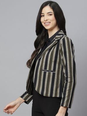 Cottinfab Black & Beige Striped Single Breasted Regular Fit Blazer