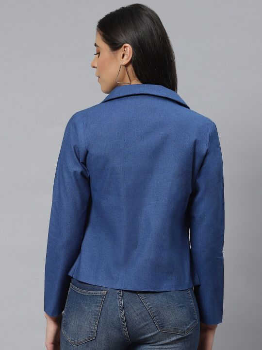 Cottinfab Blue Solid Pure Cotton Open-Front Blazer