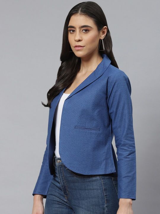 Cottinfab Blue Solid Pure Cotton Open-Front Blazer