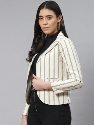 Cottinfab Off-White & Olive Green Striped Pure Cotton Blazer