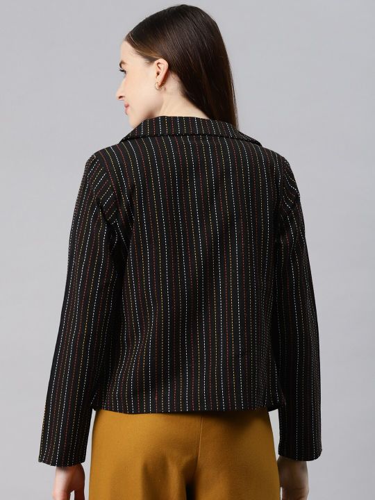 Cottinfab Women Black Striped Open-Front Formal Blazer