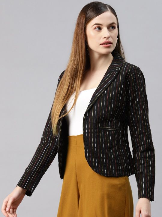 Cottinfab Women Black Striped Open-Front Formal Blazer