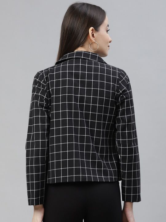 Cottinfab Women Black & White Checked Open Front Blazer