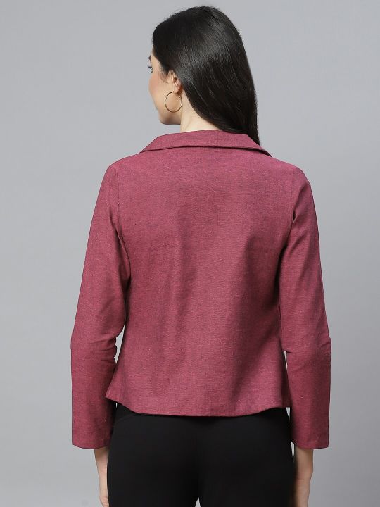 Cottinfab Women Burgundy Solid Pure Cotton Blazer With Shawl Collar