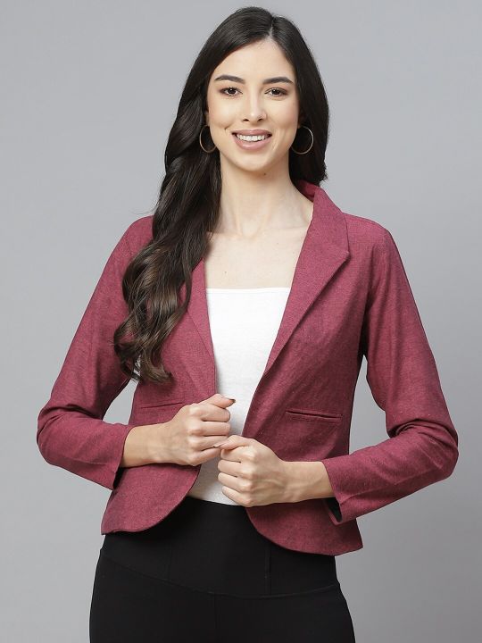 Cottinfab Women Burgundy Solid Pure Cotton Blazer With Shawl Collar