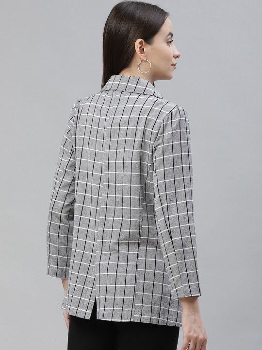 Cottinfab Women Grey & Black Checked Double Breasted Blazer