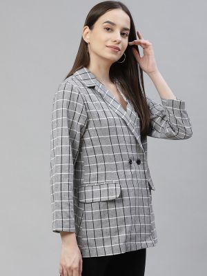 Cottinfab Women Grey & Black Checked Double Breasted Blazer