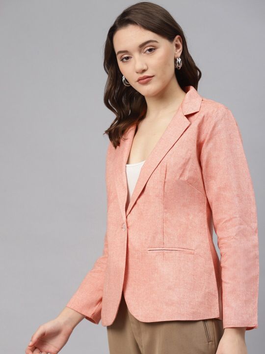Cottinfab Women Peach-Coloured Cotton Solid Single-Breasted Casual Blazer
